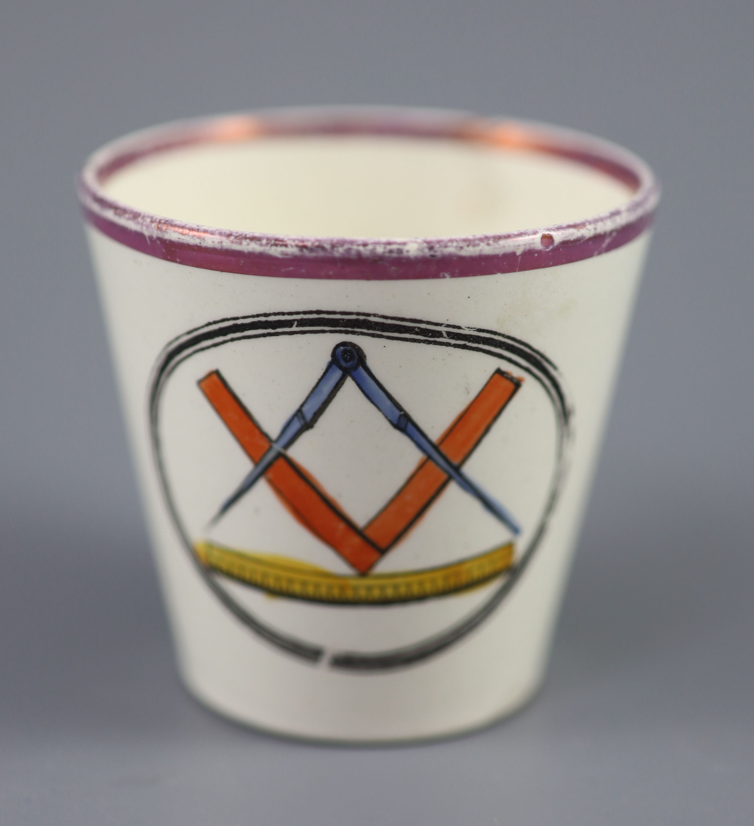 A rare pearlware Orangemen pink lustre beaker, c.1830, 7cm high